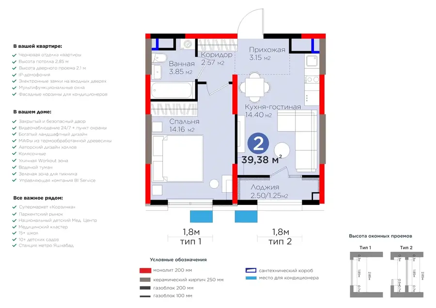 2 xonali kvartira − 40.63 m², 9/9 qavat
