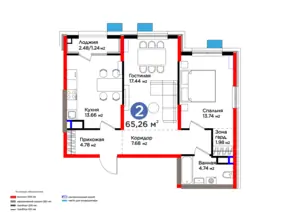 Продается 2-комнатная квартира − 66.5 м²