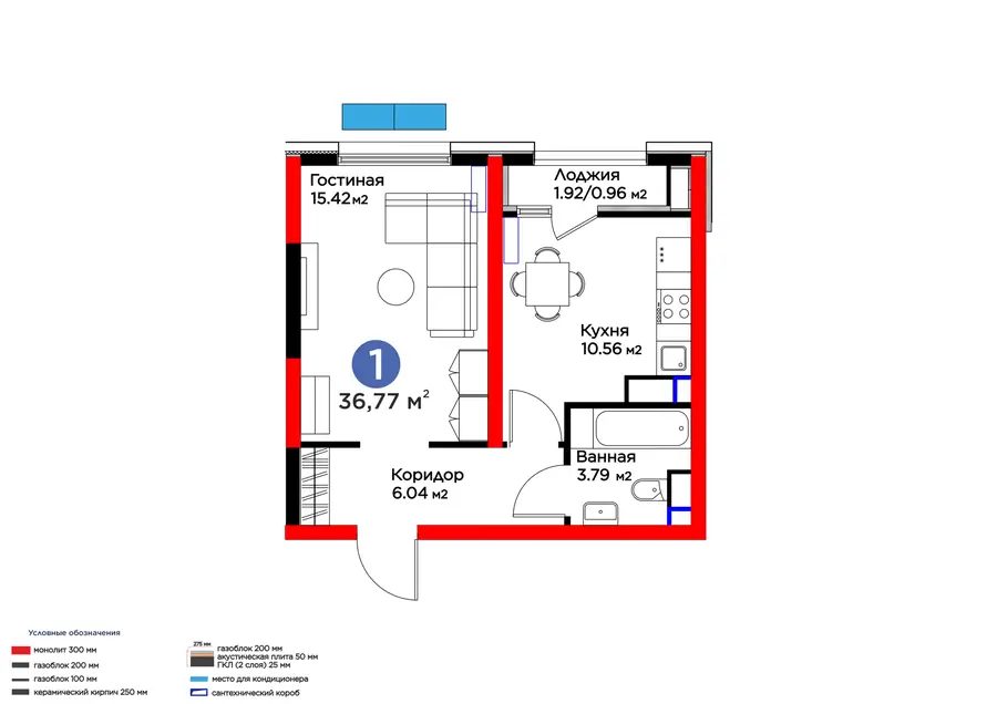 1 xonali kvartira − 37.73 m², 7/16 qavat