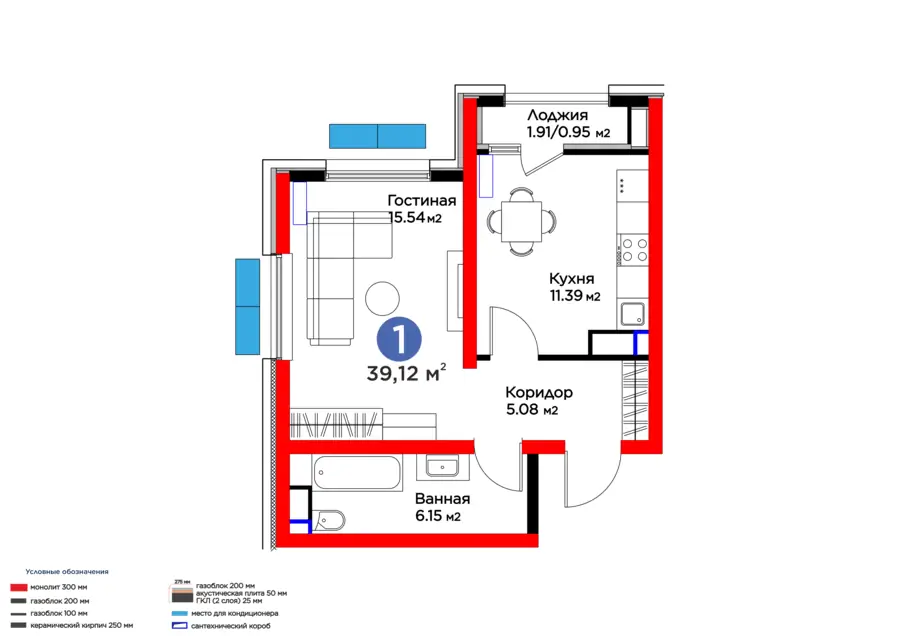 1 xonali kvartira − 40.07 m², 8/16 qavat