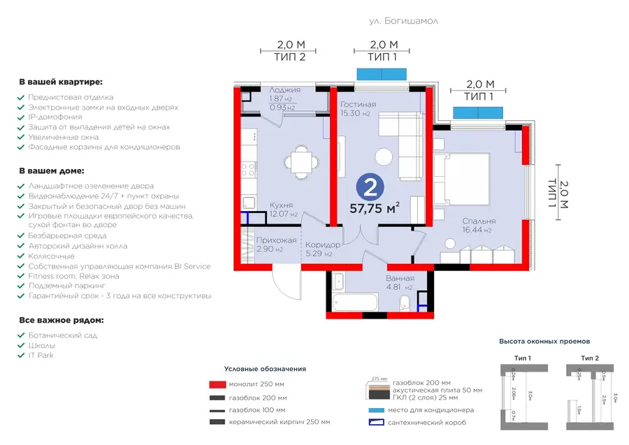 2 xonali kvartira − 58.68 m², 5/14 qavat