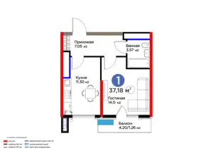 Продается 1-комнатная квартира − 40.12 м²