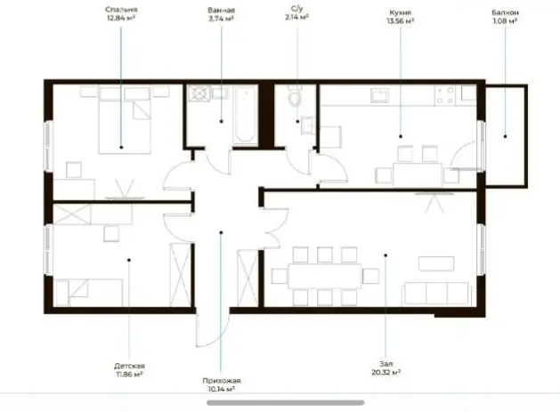 Продается 3-комнатная квартира − 75.4 м²