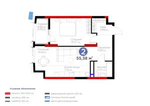 Продается 2-комнатная квартира − 55.38 м²