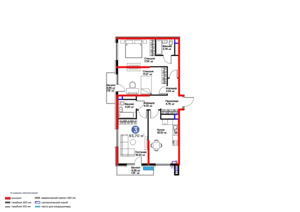 3 xonali kvartira − 93.7 m², 11/16 qavat