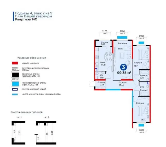 3 xonali kvartira sotiladi − 99.4 m²