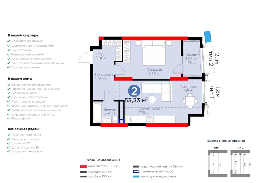 2-комнатная квартира − 55.31 м², 3/15 этаж