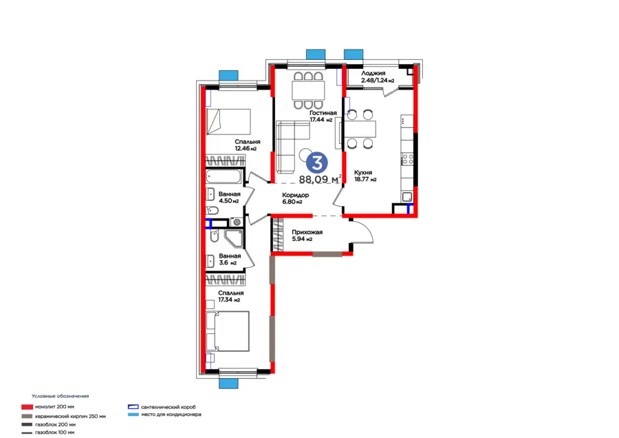 3-комнатная квартира − 89.33 м², 5/9 этаж