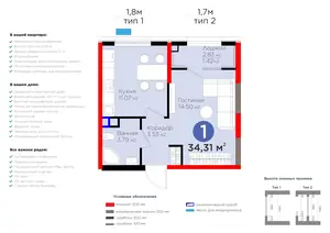 1 xonali kvartira − 35.72 m², 2/9 qavat