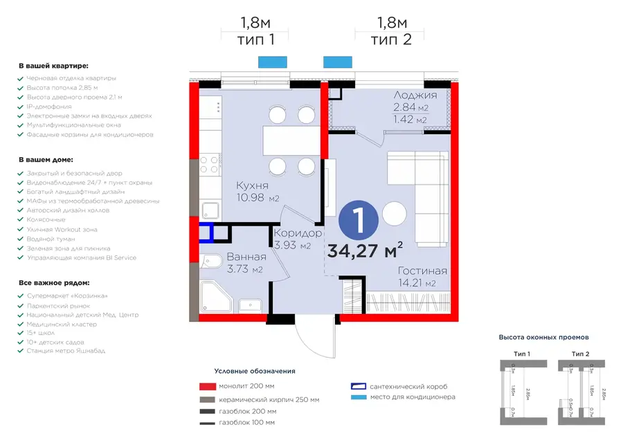 1 xonali kvartira − 35.68 m², 2/9 qavat