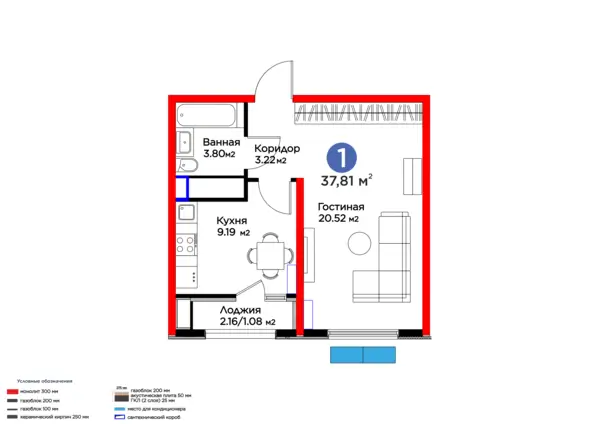 1 xonali kvartira − 38.89 m², 13/16 qavat