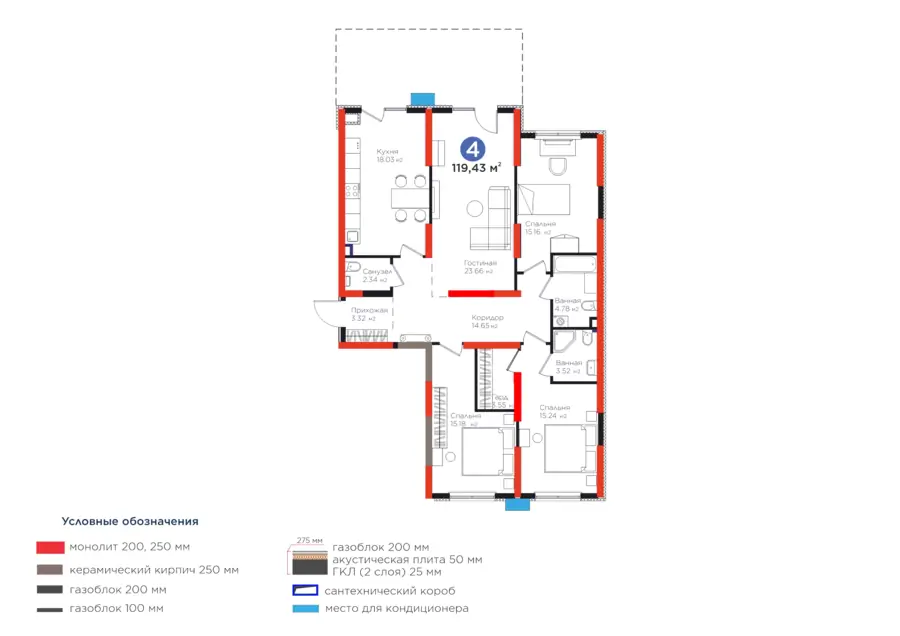 4 xonali kvartira − 119.43 m², 1/9 qavat
