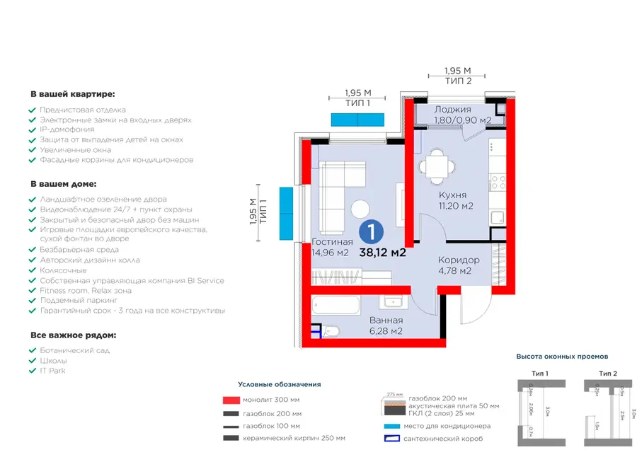 1-комнатная квартира − 39.02 м², 2/16 этаж