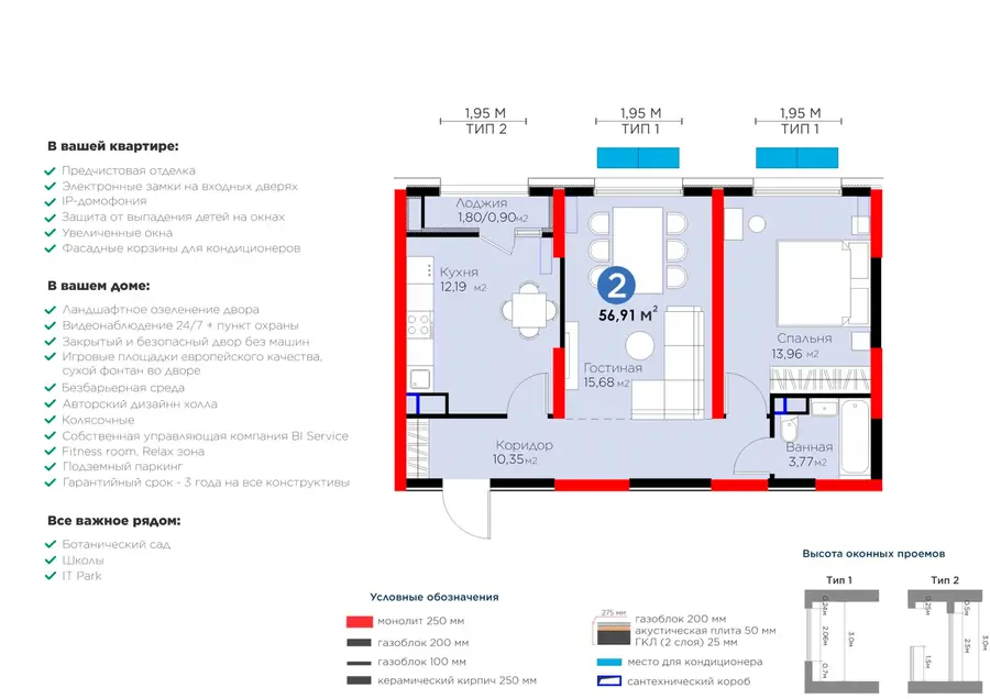 2-комнатная квартира − 57.87 м², 6/16 этаж