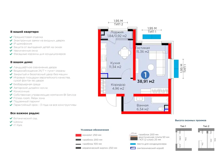 1-комнатная квартира − 39.83 м², 3/16 этаж