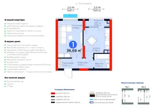 1-комнатная квартира − 37.58 м², 2/14 этаж