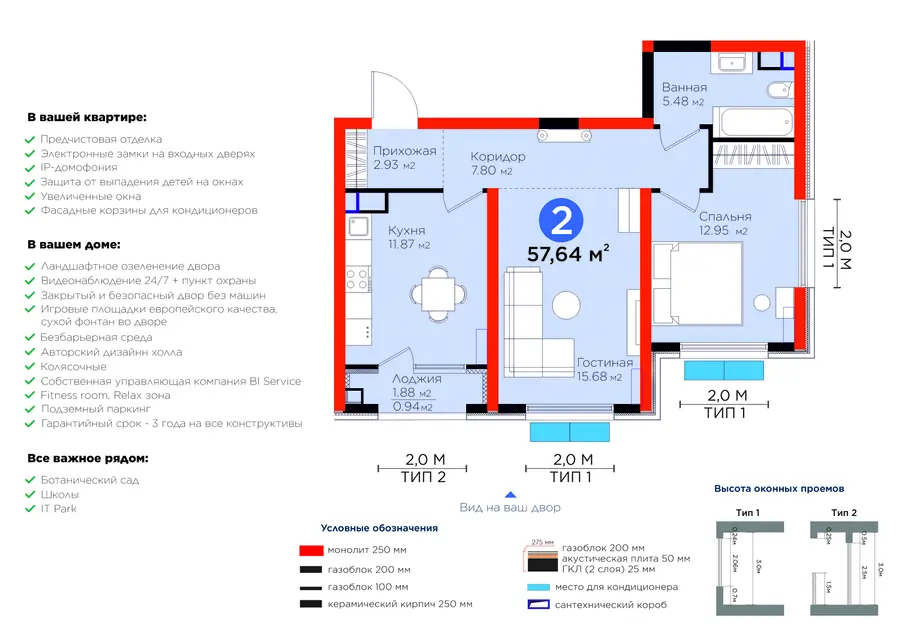 2-комнатная квартира − 58.58 м², 5/14 этаж