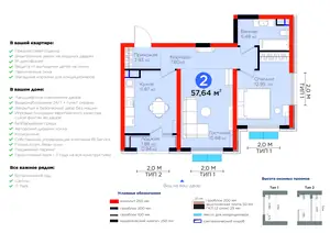 2-комнатная квартира − 58.58 м², 6/14 этаж