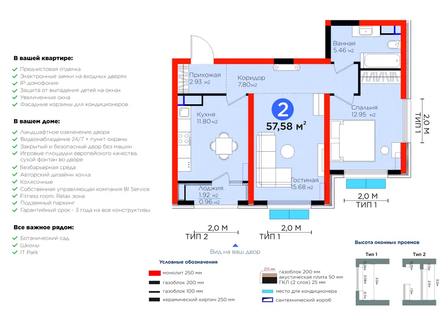 2-комнатная квартира − 58.54 м², 7/14 этаж