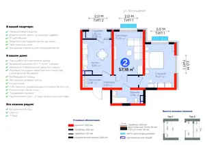2-комнатная квартира − 58.14 м², 8/14 этаж