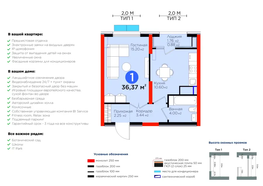 1 xonali kvartira − 37.25 m², 8/14 qavat
