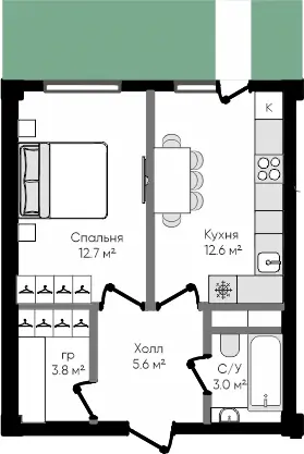1 xonali kvartira − 38.3 m², 1/9 qavat