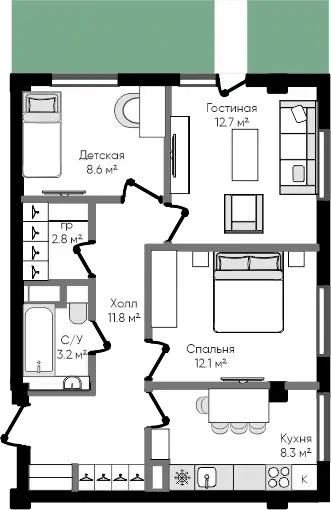 3 xonali kvartira − 59.9 m², 1/9 qavat