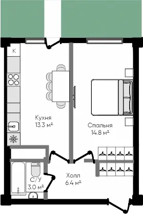 1 xonali kvartira − 37.5 m², 1/9 qavat