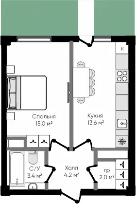 1 xonali kvartira − 38.2 m², 1/9 qavat