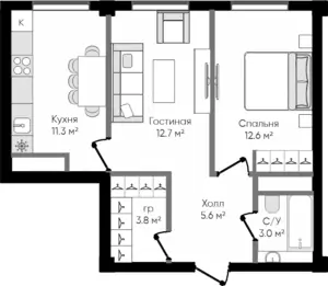 2 xonali kvartira − 49.5 m², 2/9 qavat