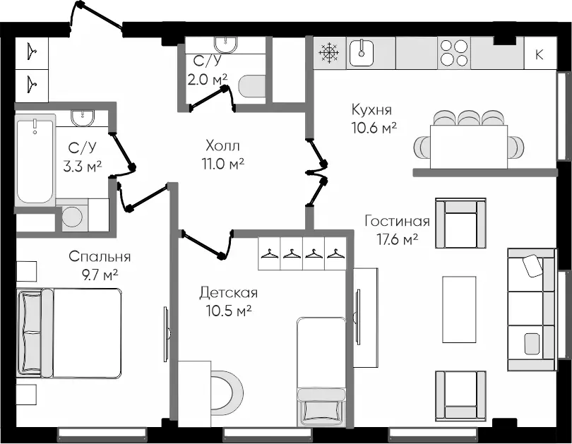 3 xonali kvartira − 64.7 m², 2/9 qavat