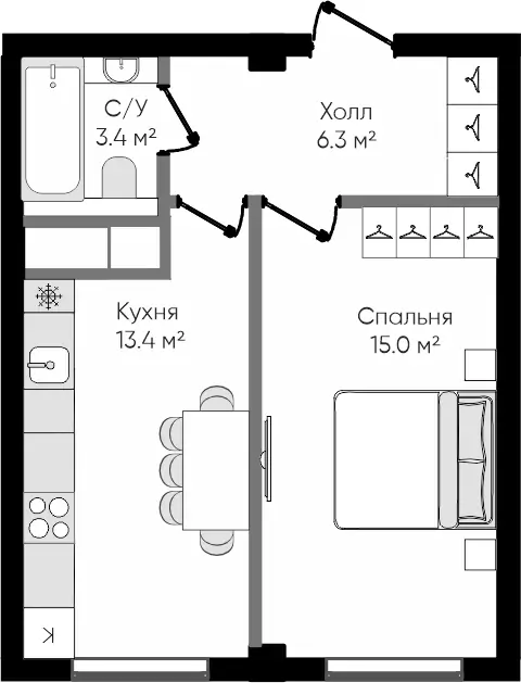 1 xonali kvartira − 38.1 m², 2/9 qavat