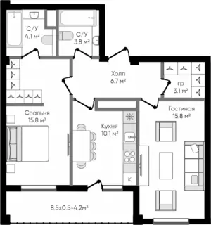2 xonali kvartira − 63.6 m², 2/9 qavat