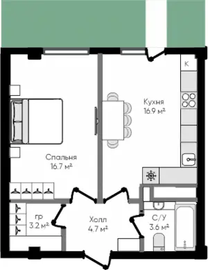 1 xonali kvartira − 45.1 m², 1/9 qavat