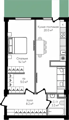 2 xonali kvartira − 50.6 m², 1/9 qavat