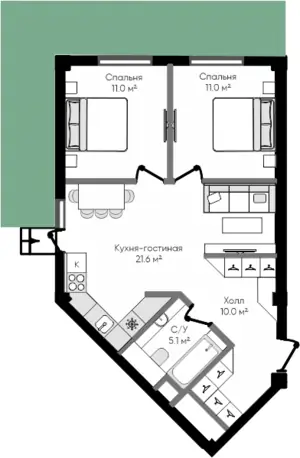 3 xonali kvartira − 58.7 m², 1/9 qavat