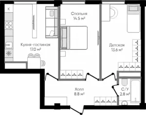 3 xonali kvartira − 56.7 m², 2/9 qavat