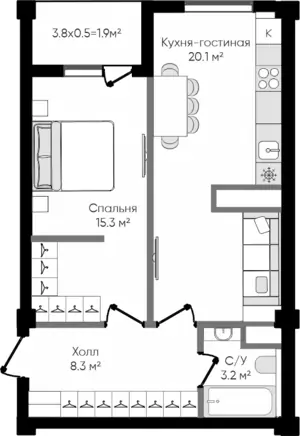 2 xonali kvartira − 48.8 m², 2/9 qavat