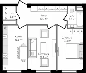 2 xonali kvartira − 57.8 m², 2/9 qavat