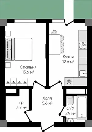 1 xonali kvartira − 38.4 m², 1/9 qavat