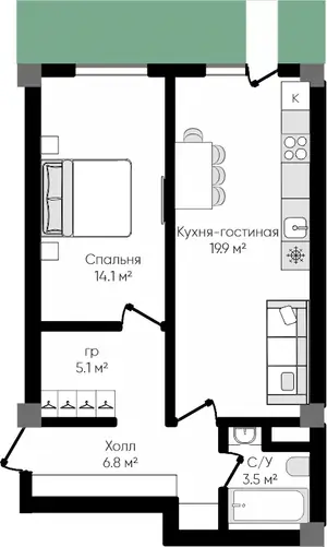 3 xonali kvartira − 49.4 m², 1/9 qavat