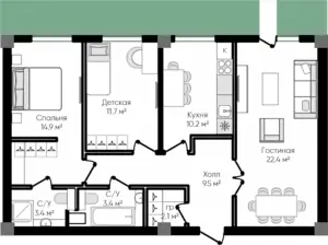 3 xonali kvartira − 77.5 m², 1/9 qavat
