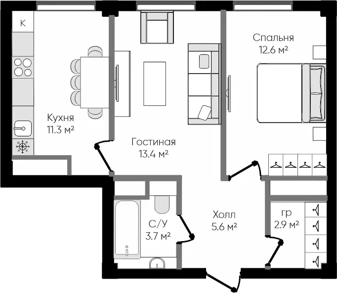 2 xonali kvartira − 49.7 m², 2/9 qavat
