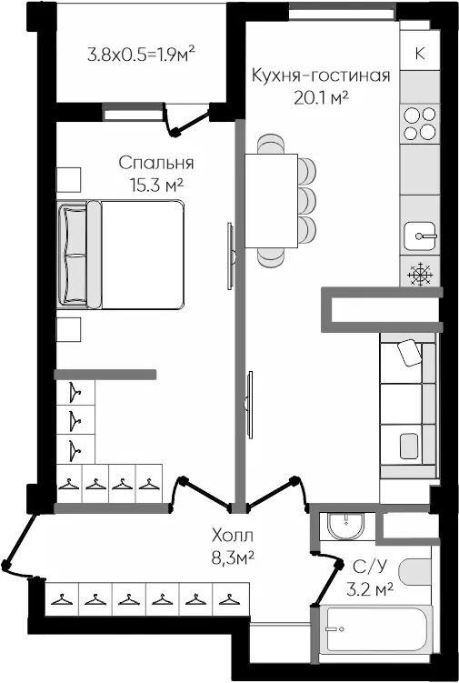 2 xonali kvartira − 47.45 m², 2/9 qavat