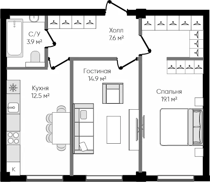 2 xonali kvartira − 58 m², 2/9 qavat