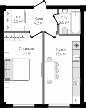 1 xonali kvartira − 38.4 m², 2/9 qavat