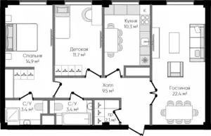3 xonali kvartira − 77.7 m², 2/9 qavat