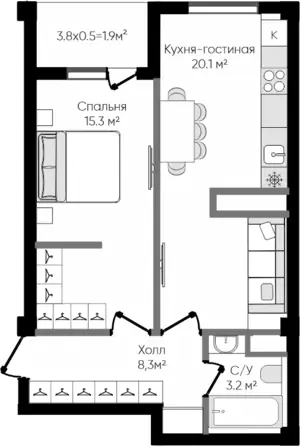 2 xonali kvartira − 47.75 m², 9/9 qavat