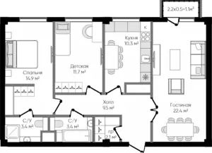 3 xonali kvartira − 79.2 m², 9/9 qavat