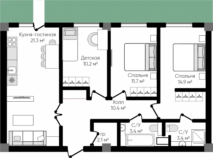 4-комнатная квартира − 77.5 м², 1/9 этаж